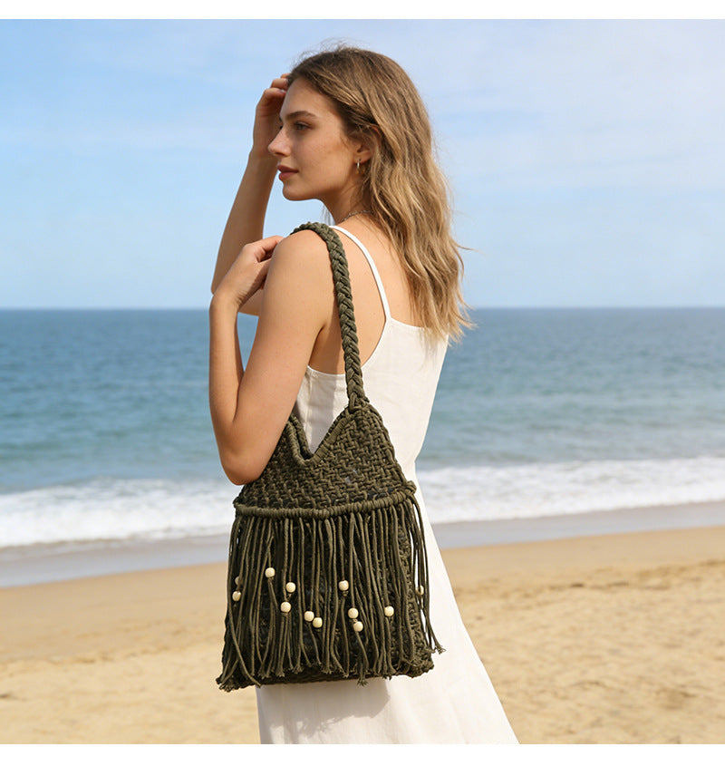 Trendy Wooden Beaded Tassel Hollow Shoulder Bag 8BW6BBG437L
