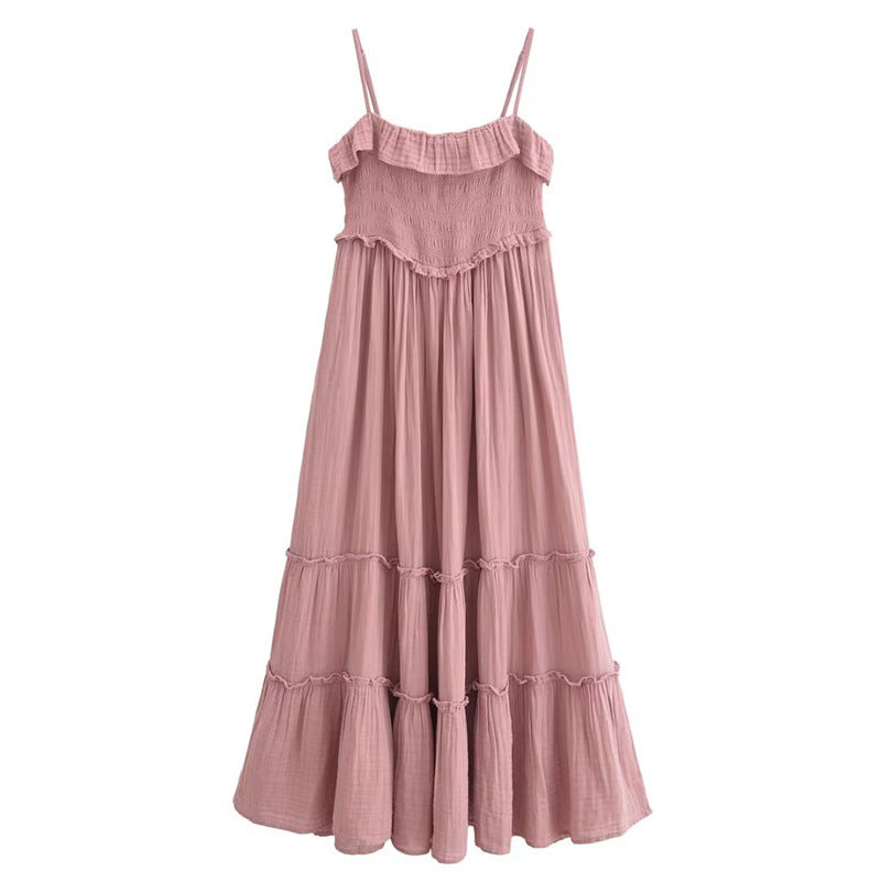 Casual Pleated Spaghetti Strap Ruffle Maxi Dress DP25C961