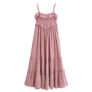 Casual Pleated Spaghetti Strap Ruffle Maxi Dress DP25C961