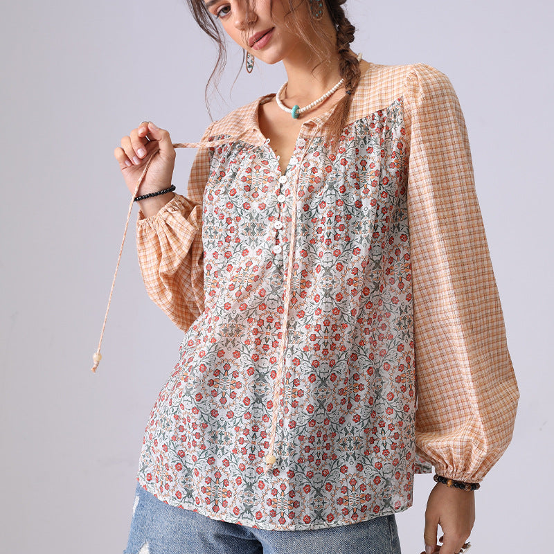 Floral Print Plaid String Pullover Shirt DP25C863