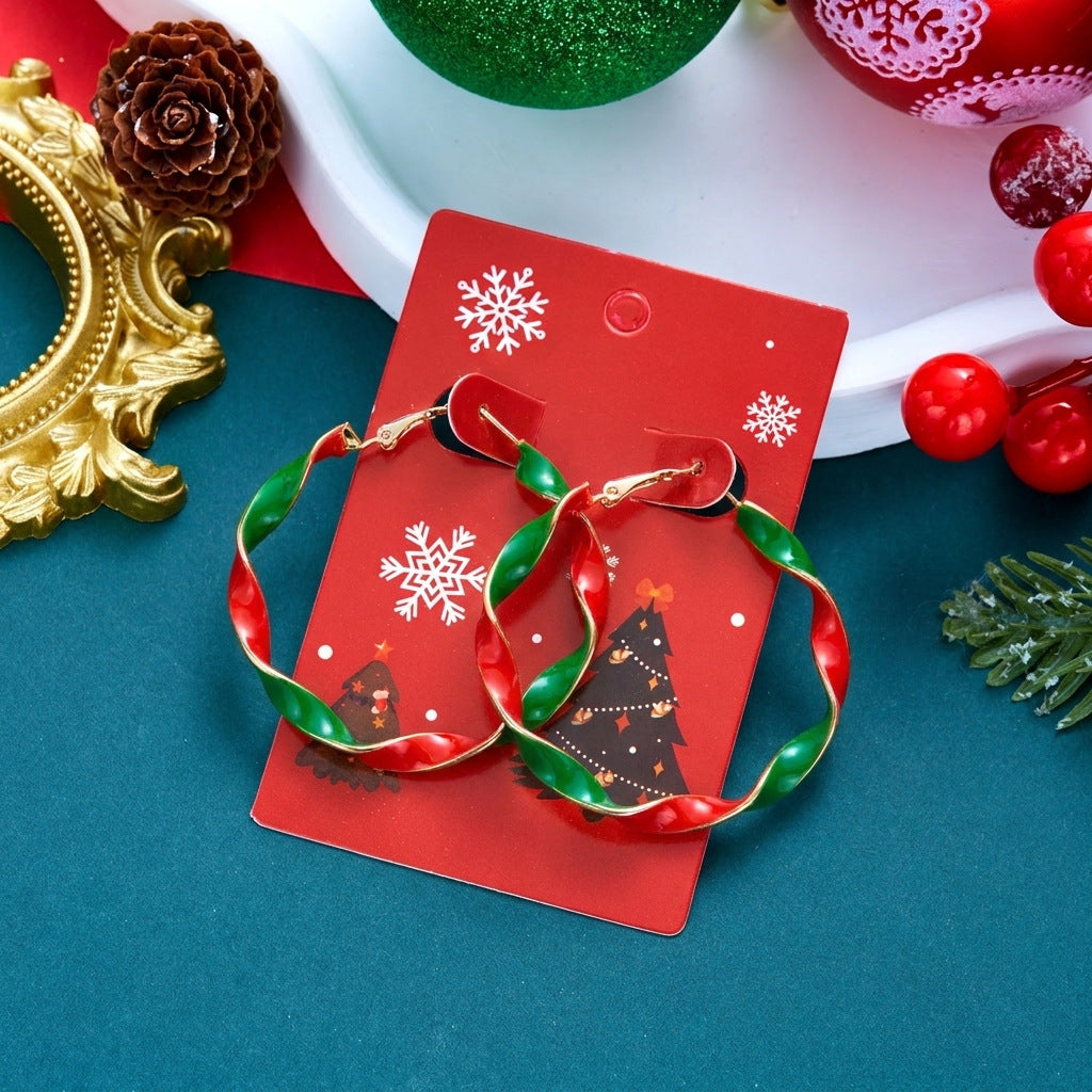 Rhinestone Twisted Color Block Christmas Hoop Earrings 6W6JER685