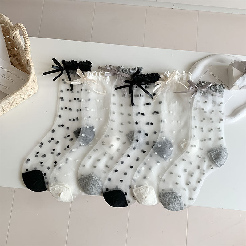 Bow Polka Dot Mesh Thin Socks DP25C843
