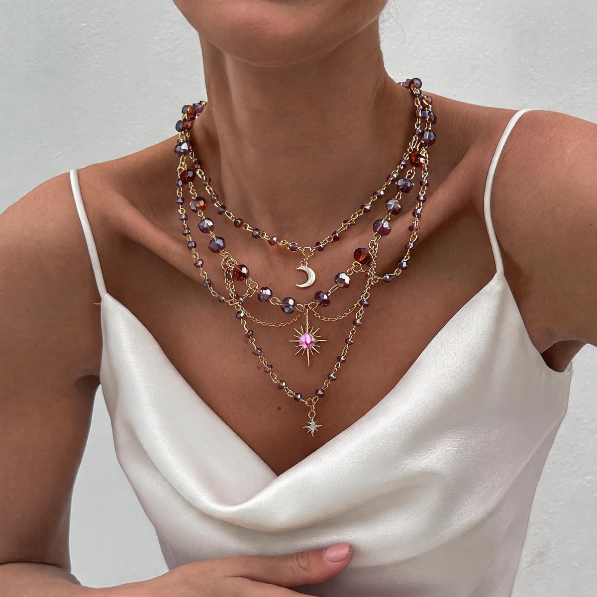 Vintage Starburst Multi-Layered Crystal Beaded Necklace 6W6JNC1065