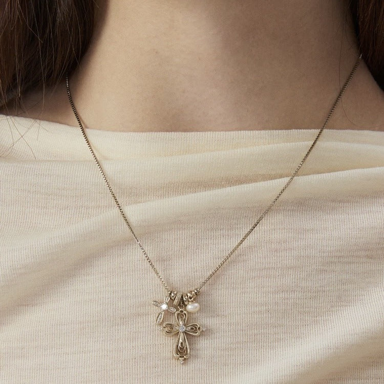 Fashion Gold Plated Cross Pendant Pearl Necklace 6W6JNC388L
