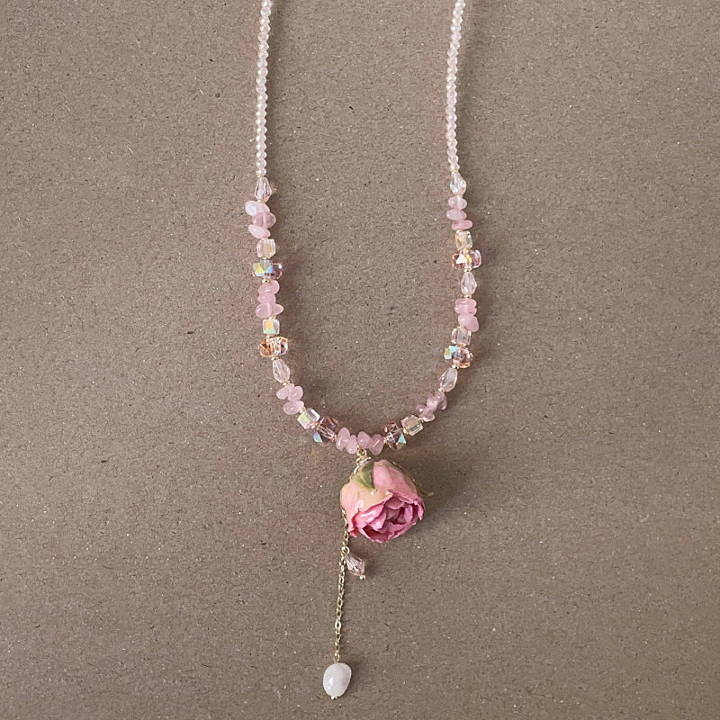 Vintage Pink Rose Flower Pearl Choker Necklace 6W6JNC385L