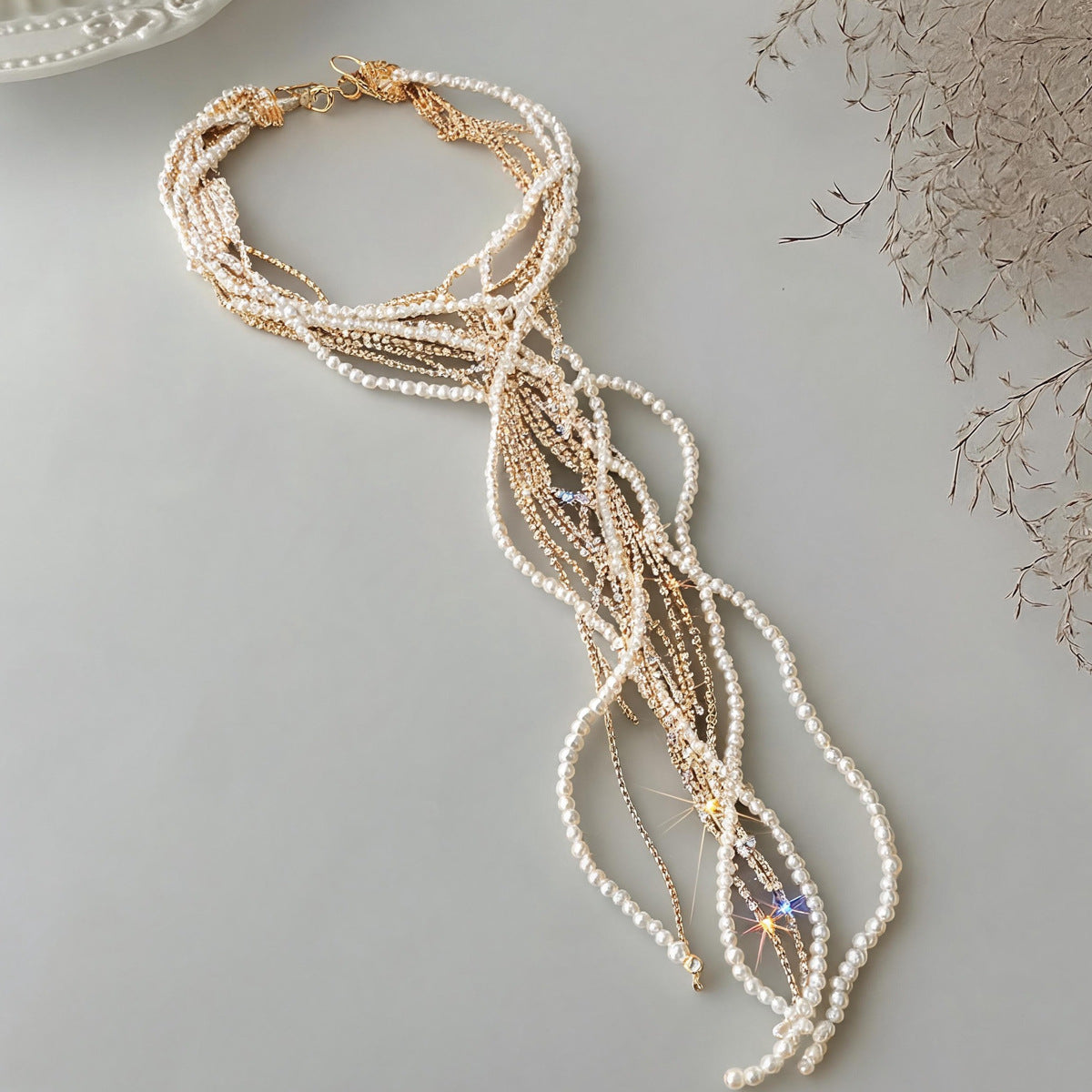 Exaggerated Multi Layer Pearl Rhinestones Necklace 6W6JNC663