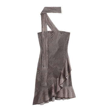 Vintage Striped Print Layered Halter Mini Dress DP25C969