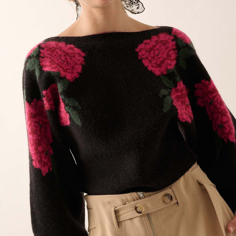 Floral Jacquard Mohair Lantern Sleeves Sweater DPT1418