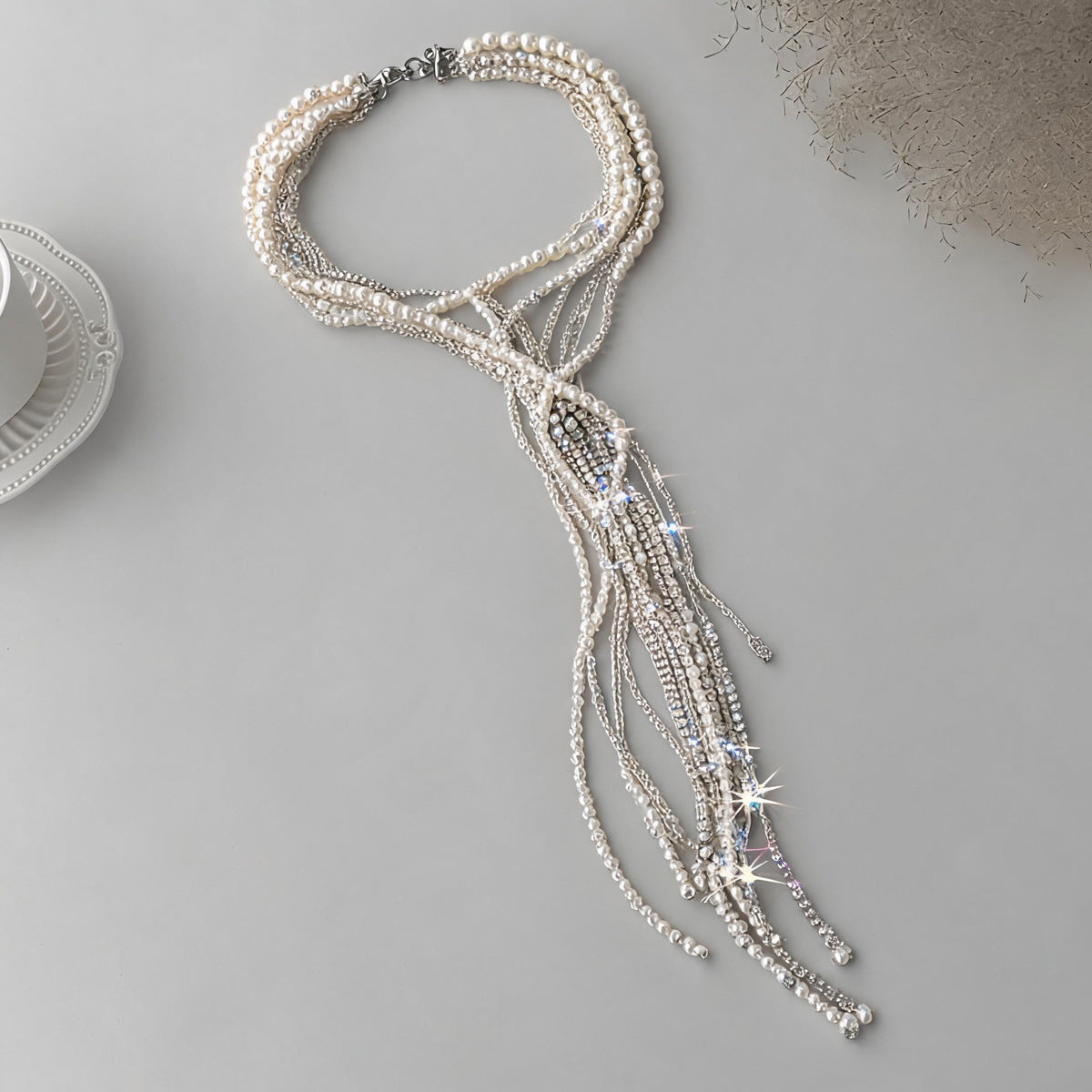 Exaggerated Multi Layer Pearl Rhinestones Necklace 6W6JNC663