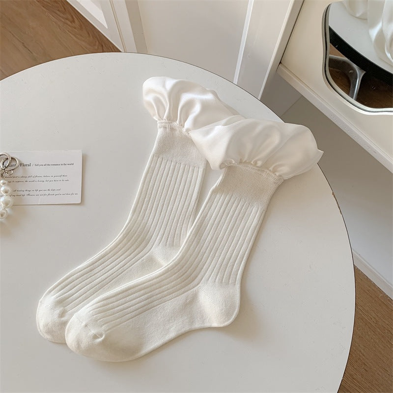 Sweet Satin Ruffle Solid Crew Socks 6W8FSO772