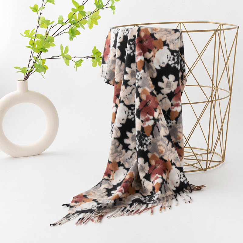 Vintage Floral Print Tassel Imitation Cashmere Scarf 6W6NSW288