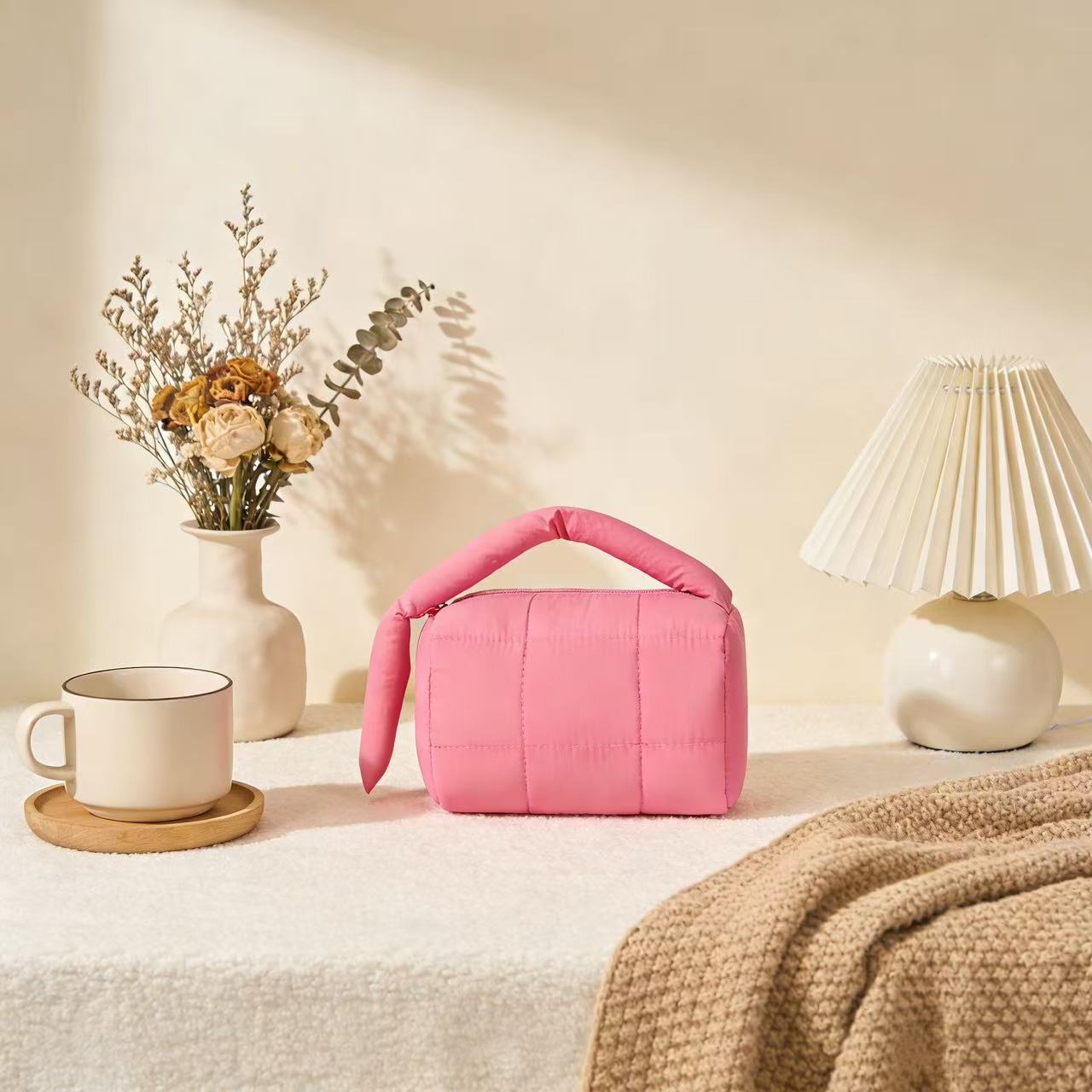 Solid Color Cotton Quilted Top Handle Cosmetic Bag 6S10BOB1042