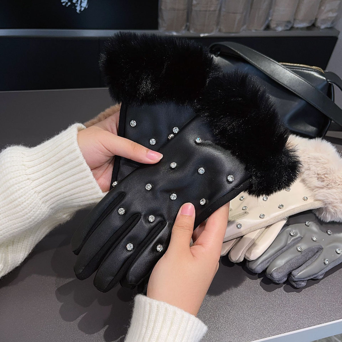 Rhinestone Plush Warm Gloves - DippedShop Wholesale - #3731