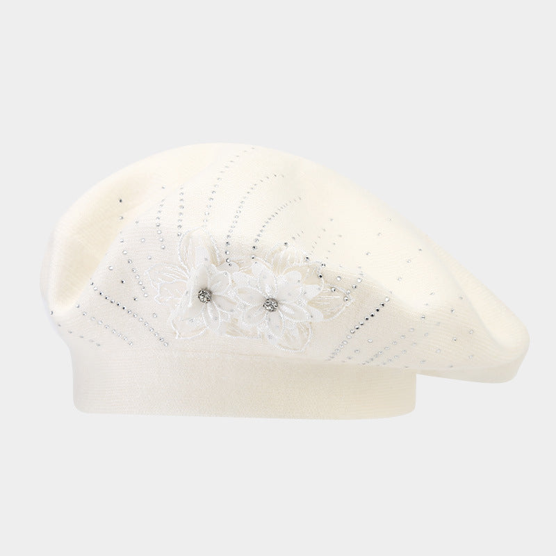 Vintage Floral Rhinestones Knit Portable Beret Cap MK2COW6W6HAT227