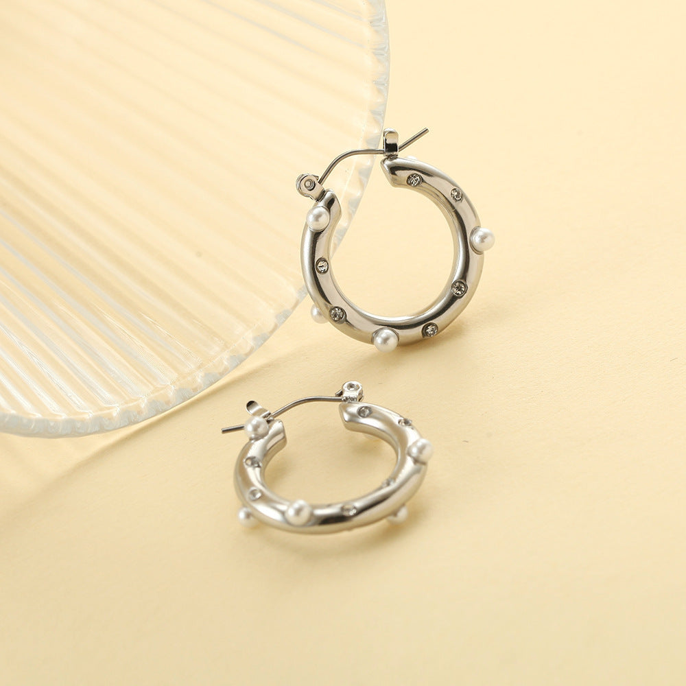 Rhinestone Pearl Hoop Earrings - DippedShop Wholesale - #4915
