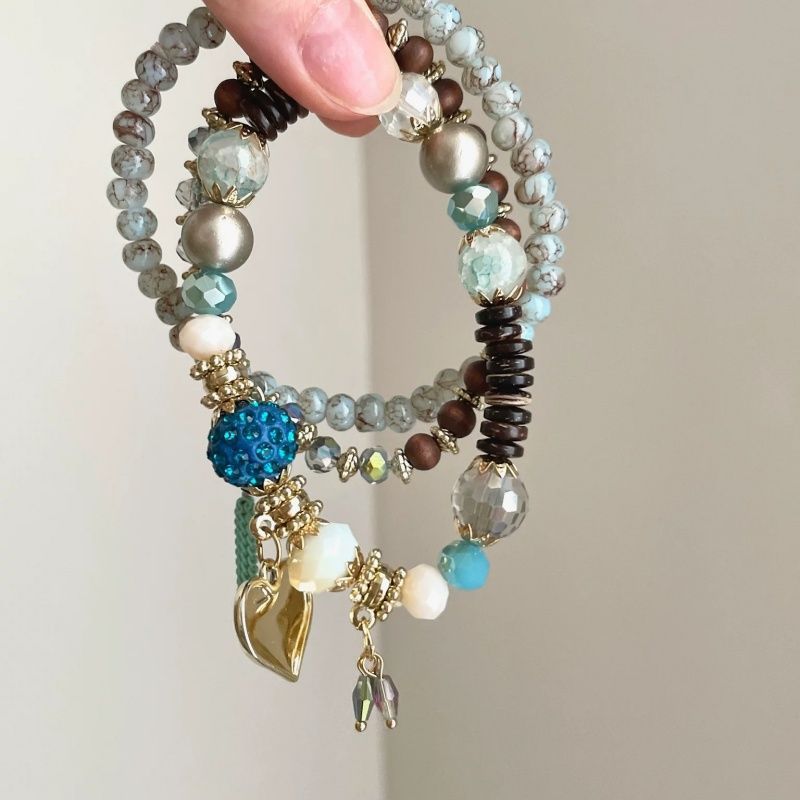 Vintage Heart Pendant Crystal Beaded Chain Bracelet 6W6JBR374