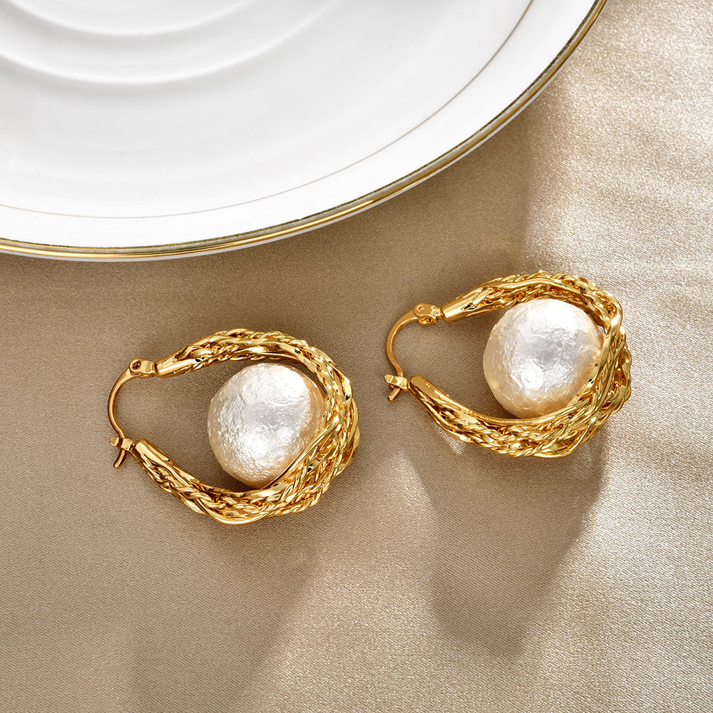 Trendy Pearl Gold Plated Geometric Hoop Earrings 6W6JER940