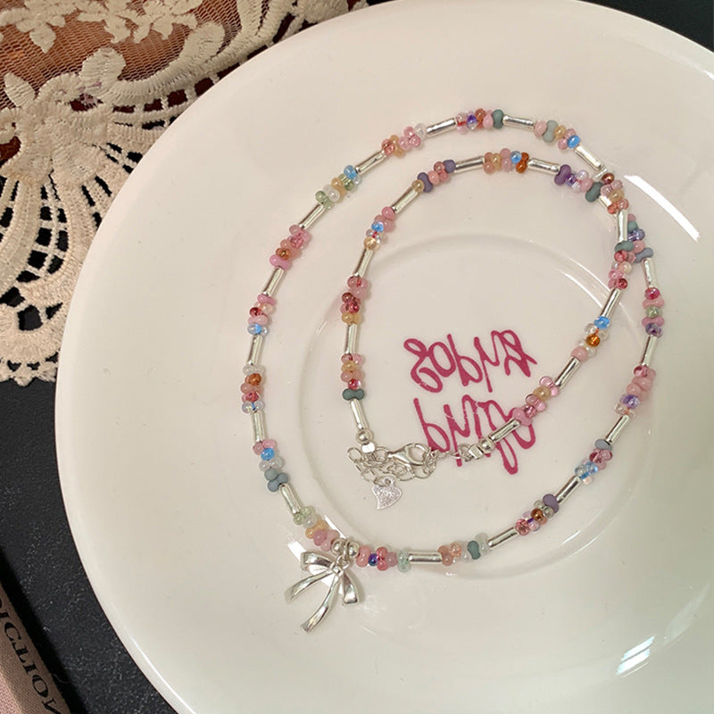Colorful Crystal Bowknot Pendant Beaded Necklace 6W6JNC443