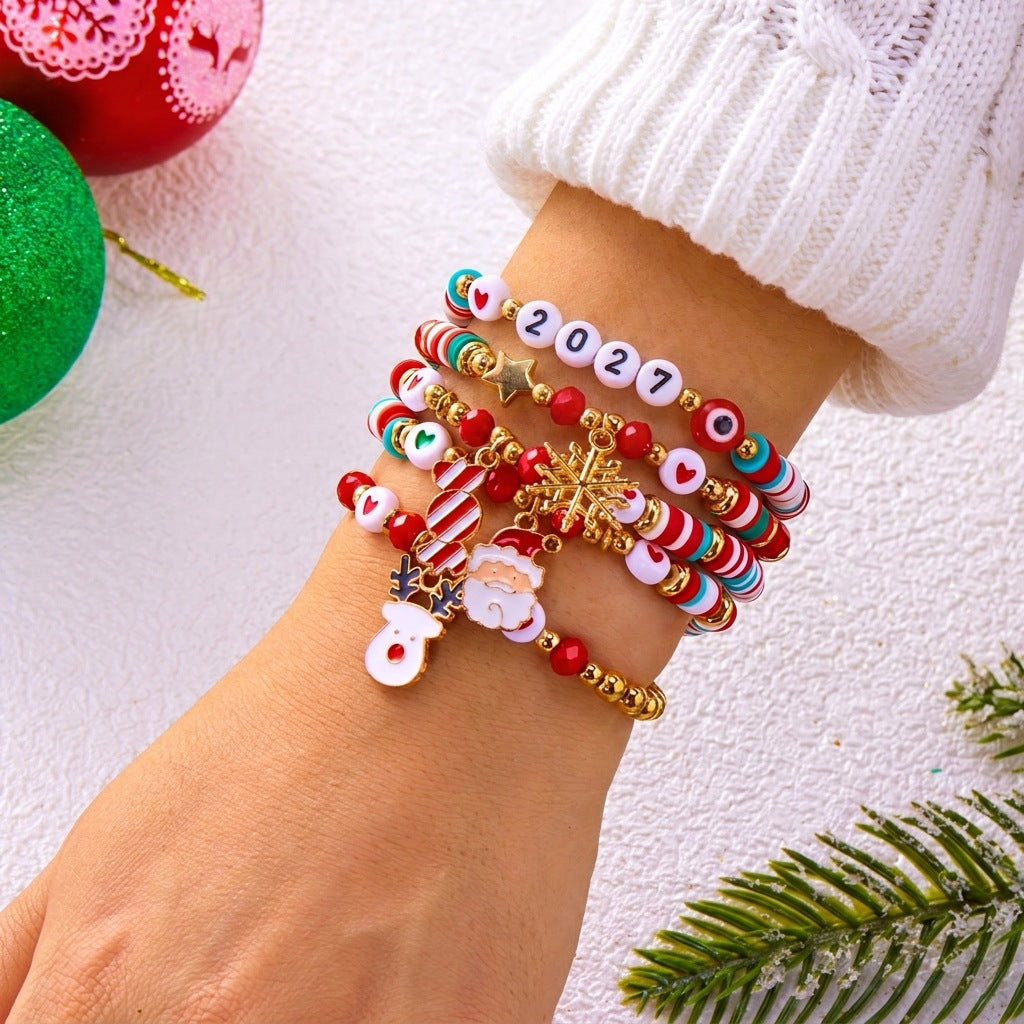 Christmas Multi-Layer Snowflake Charm Beaded Bracelet Set 6W6JBR652