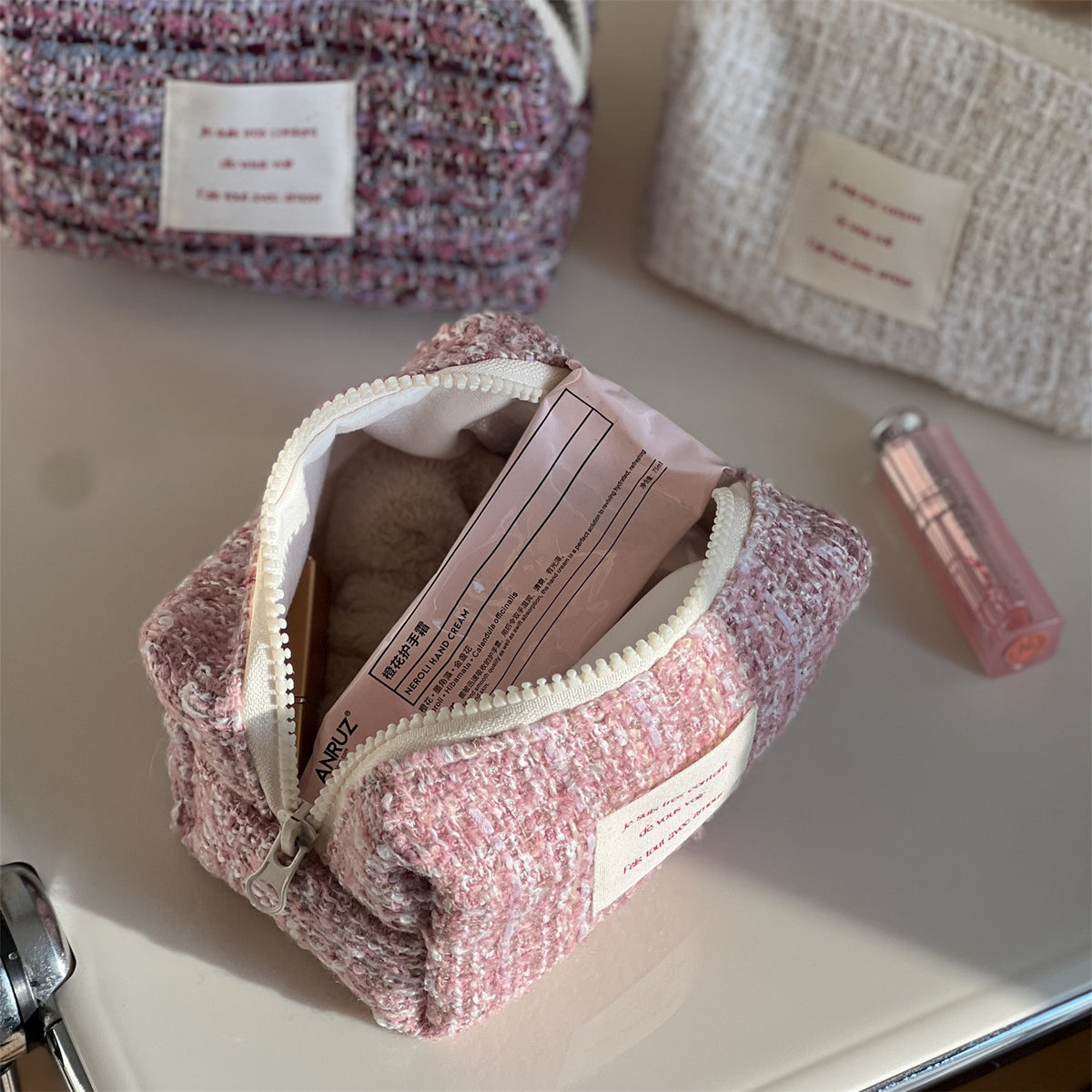 Tweed Woven Cosmetic Bag - DippedShop Wholesale - #5875