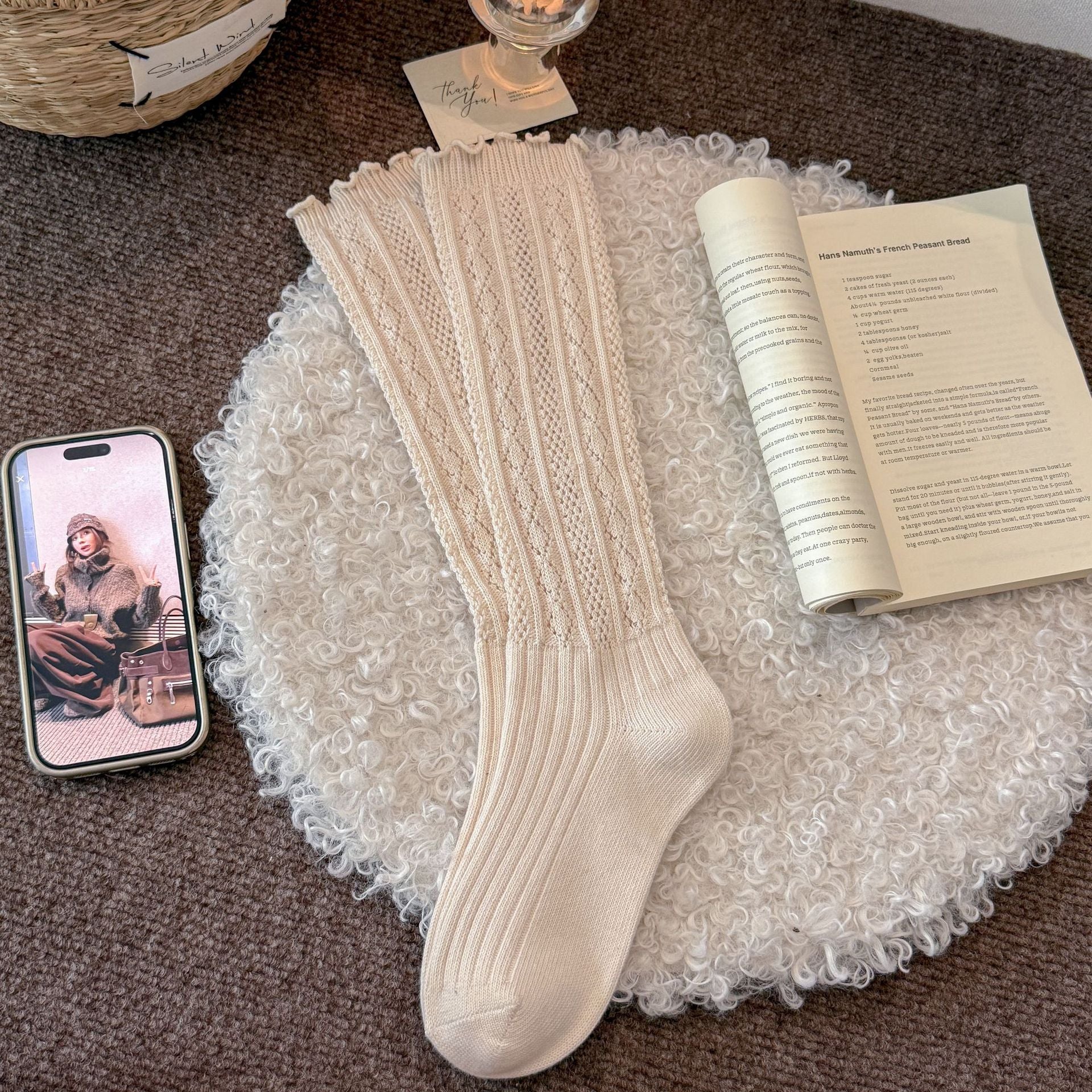 Elegant Diamond Knit Lace-Trim Mid-Calf Socks 6W8FSO694