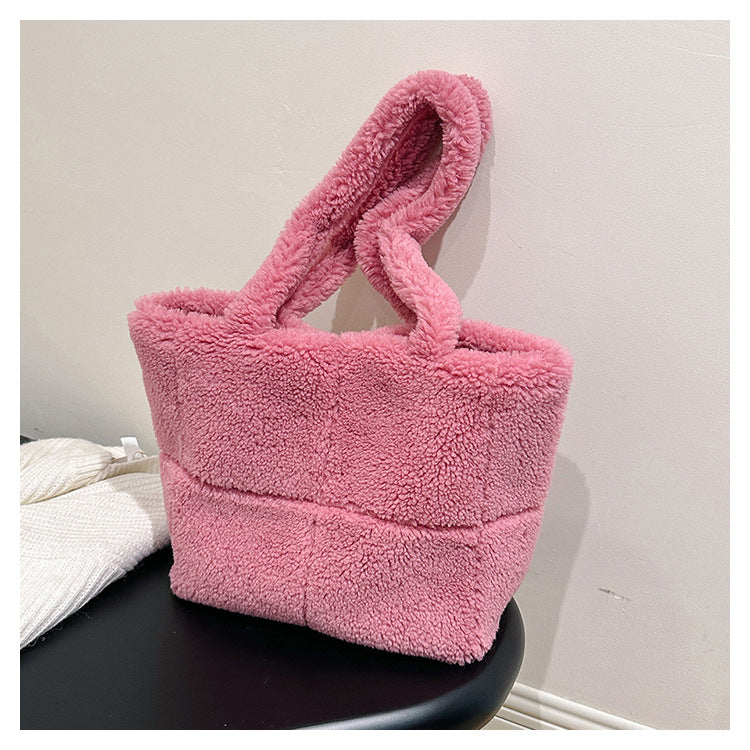 Solid Color Faux Shearling Shoulder Tote Bag 6W10BBG1882