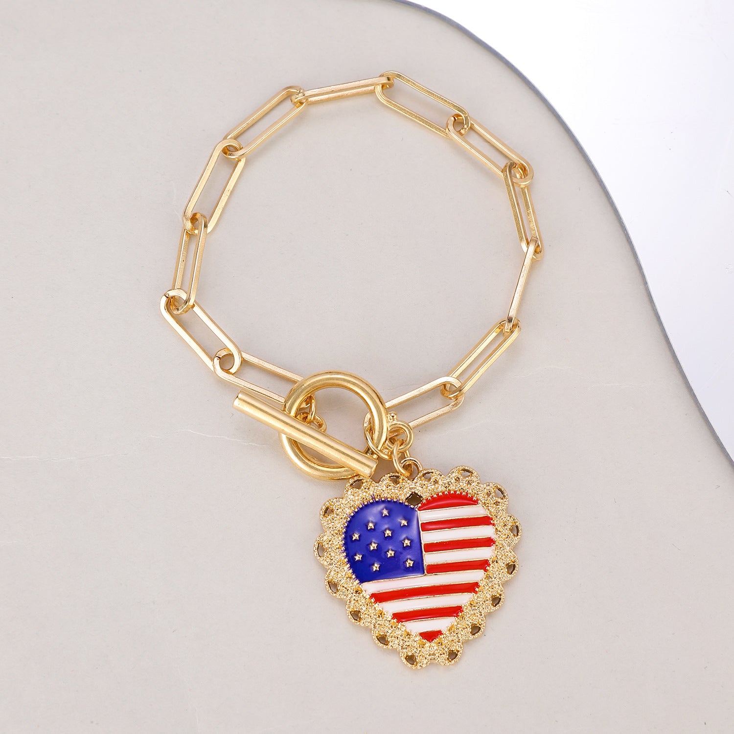 Vintage Gold Plated American Flag Pendants Chain Bracelet 8ZA6JBR130T