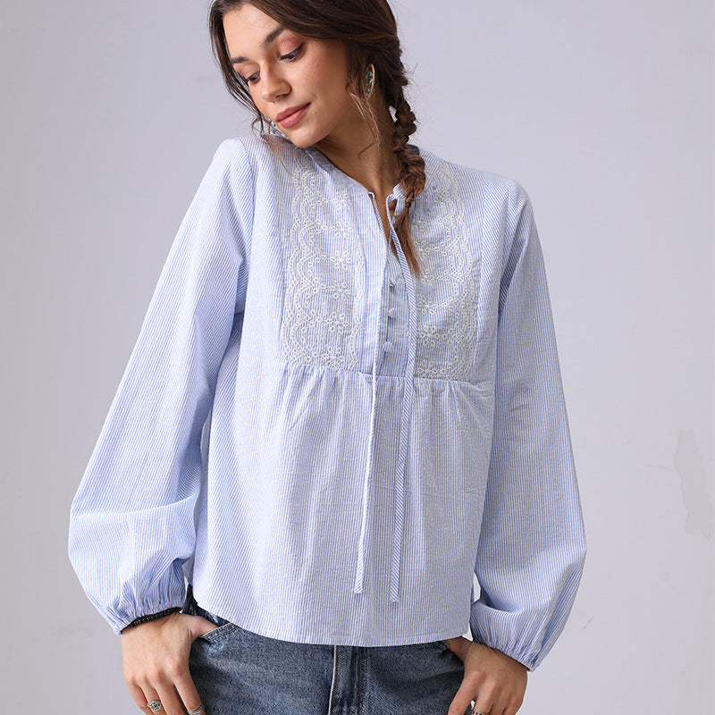 Striped Embroidered V-Neck String Shirt DP25C860