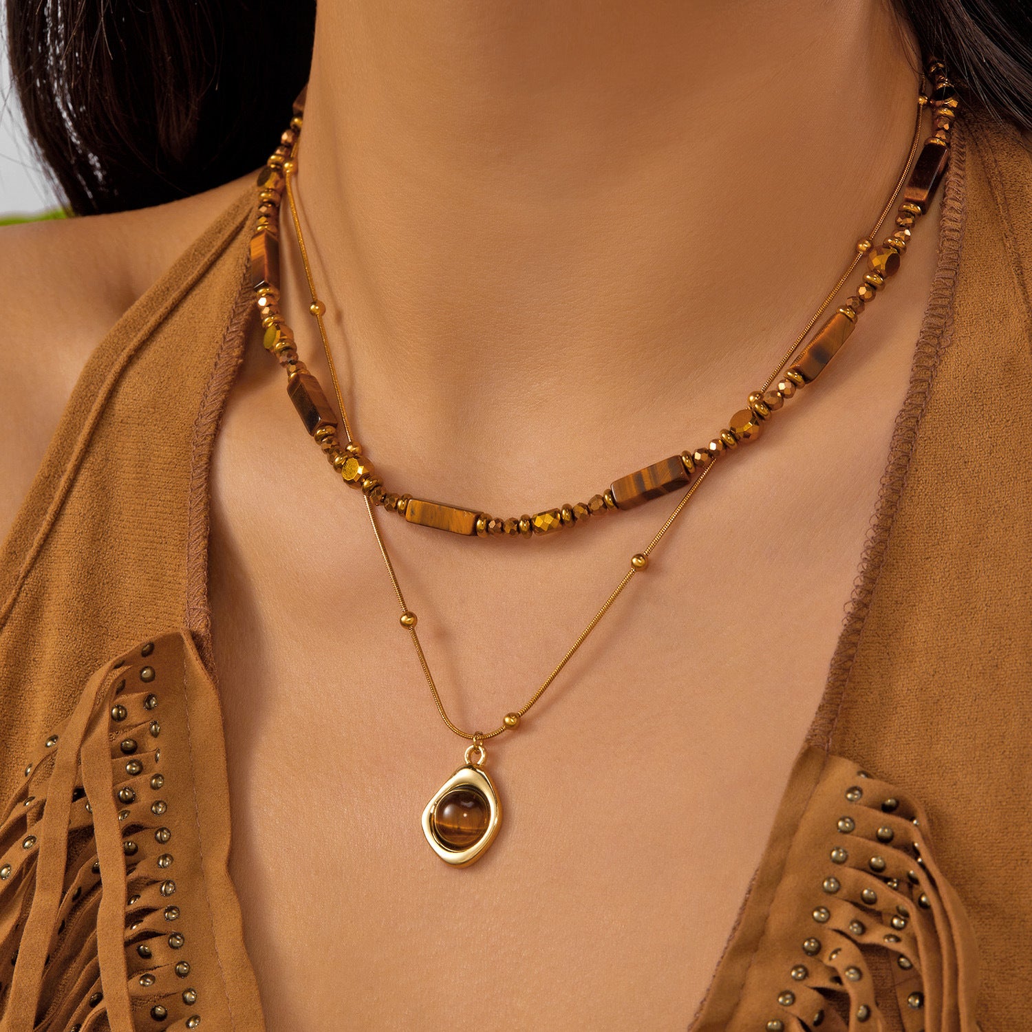 Vintage Tiger's Eye Pearl Chain Necklace 6W6JNC668
