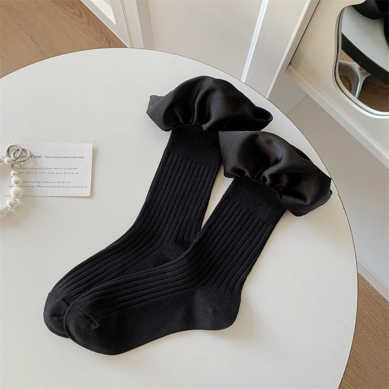Sweet Satin Ruffle Solid Crew Socks 6W8FSO772