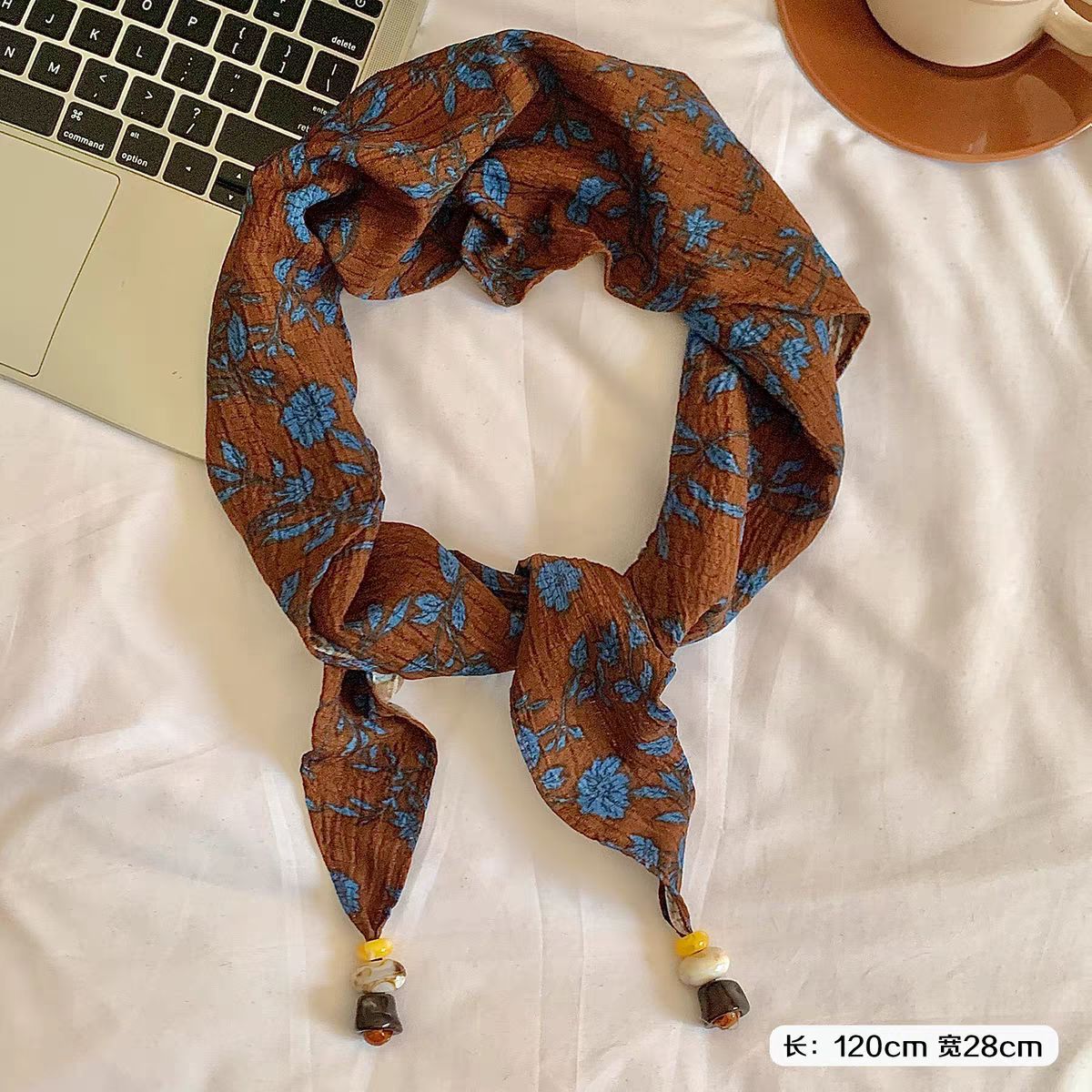 Vintage Leaf Print Beaded Triangle Silk Scarf MK2BLW6W6NSI71