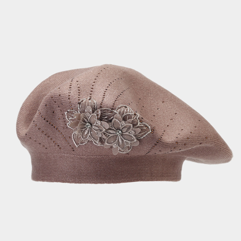 Vintage Floral Rhinestones Knit Portable Beret Cap MK2COW6W6HAT227