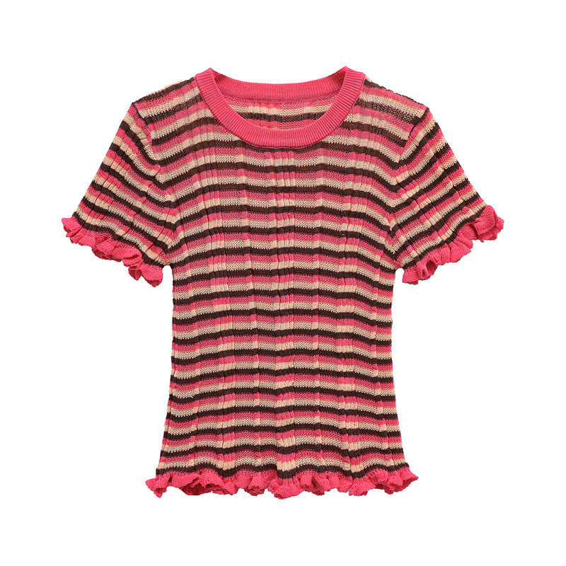 Casual Solid Color Crew Neck Striped Top DP25D407