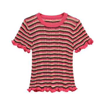 Casual Solid Color Crew Neck Striped Top DP25D407