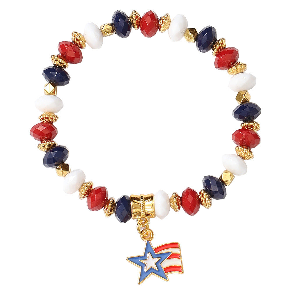 USA Flag Heart Pendant Beaded Chain Bracelet 8ZA6JBR306L