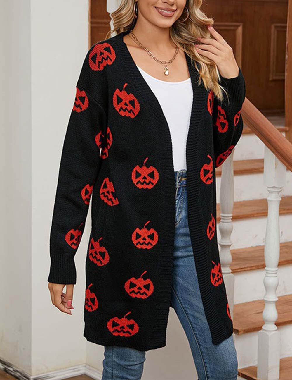 Halloween Pumpkin Long Knit Cardigan DP25G439