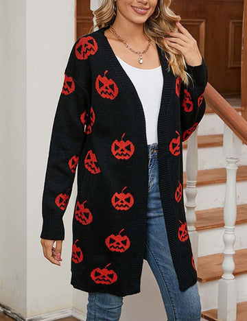 Halloween Pumpkin Long Knit Cardigan DP25G439