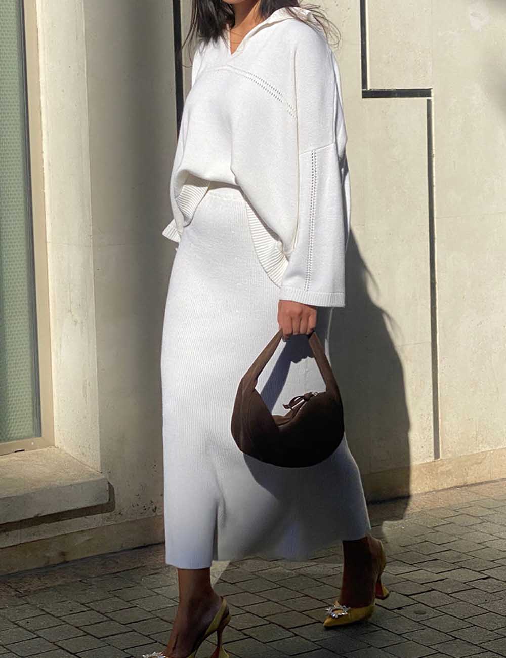 2 Pcs Trendy Knit V-Neck Sweater Maxi Skirt Set DP25G544