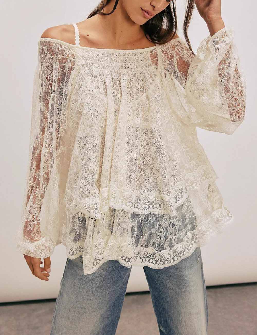 Elagant Off-Shoulder Double-Layer Lace Top DP25D878