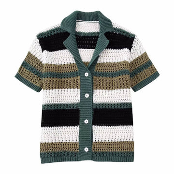 Trendy Short Sleeve Striped Knit Top DP25D406