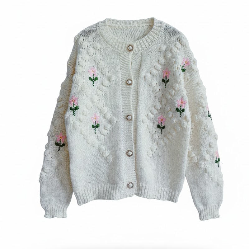Floral Embroidery Crochet Pearl Button Knit Cardigan DP25G972
