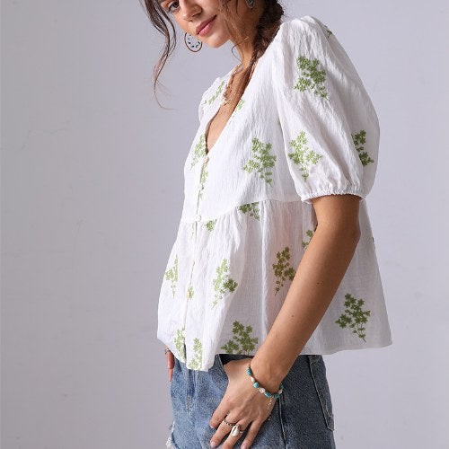 Floral Embroidered V-Neck Puff Sleeves Shirt DP25C850