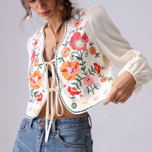 Floral Embroidered Open Front String Shirt DP25C870