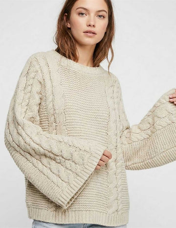 Cable Knit Round Neck Bell Sleeve Sweater DP25H635