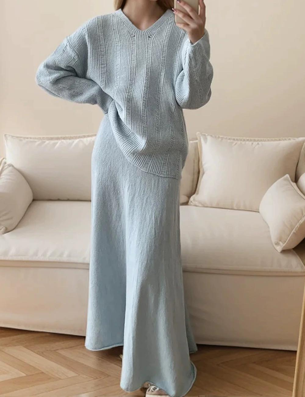 Solid Color Loose Knit Sweater Maxi Skirt Set DP25G549