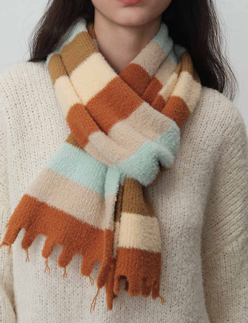 Striped Cozy Color Block Fringed Winter Scarf DP25F625