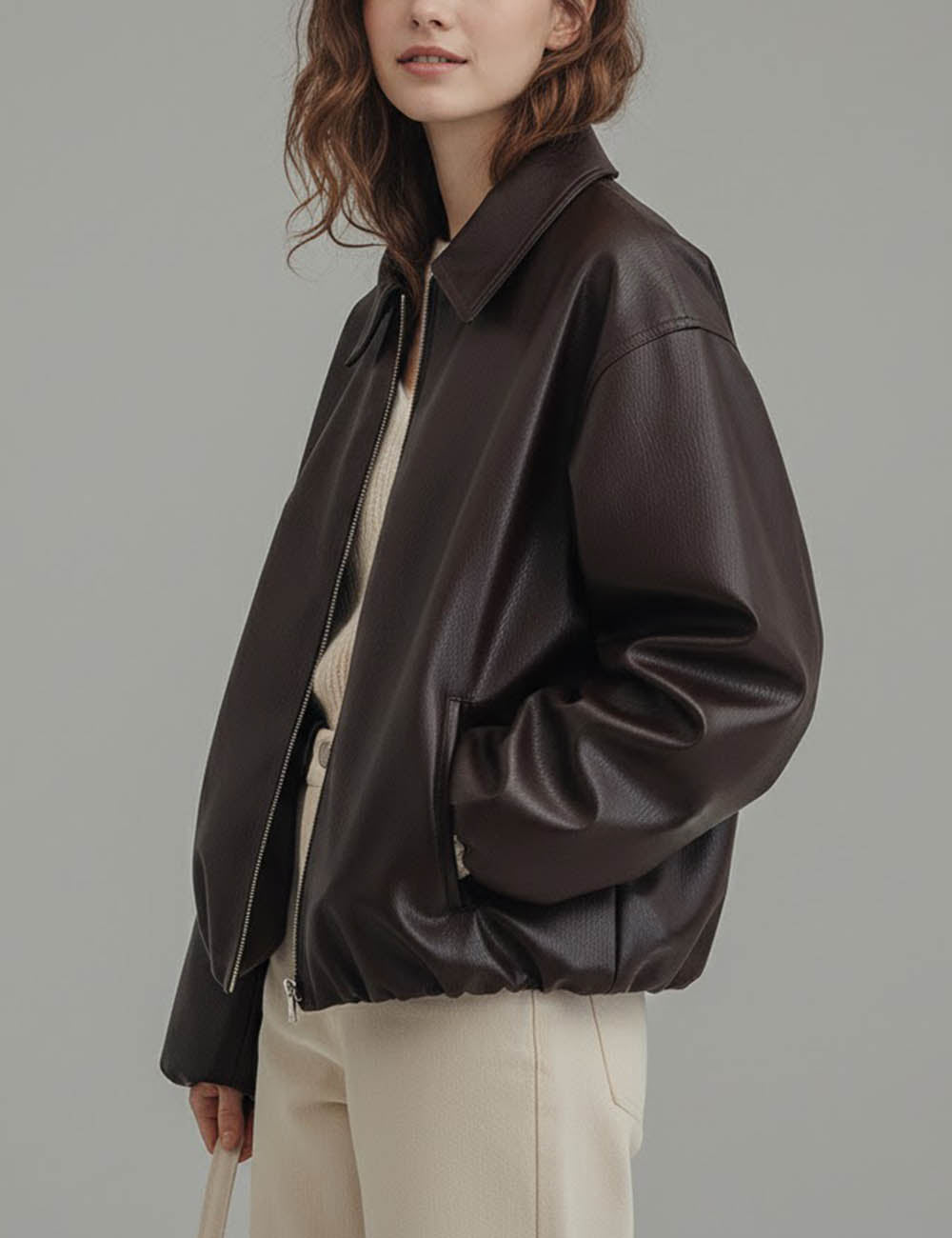 Simple Zipper Lapel Oversize Leather Jacket DP25G809