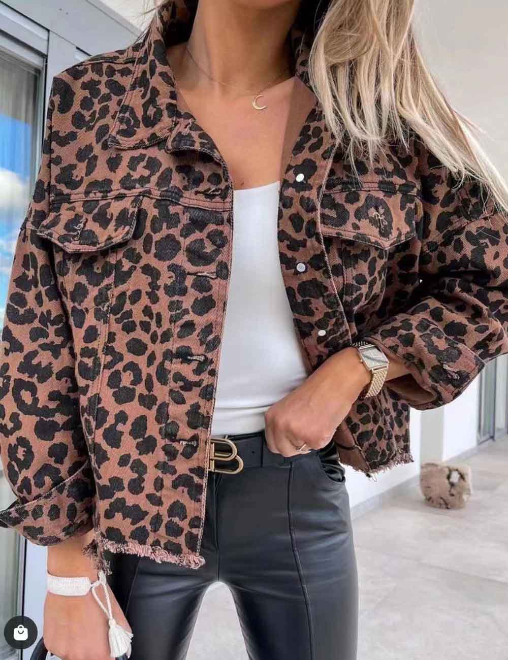 Leopard Print Distressed Denim Cropped Jacket DP25E834
