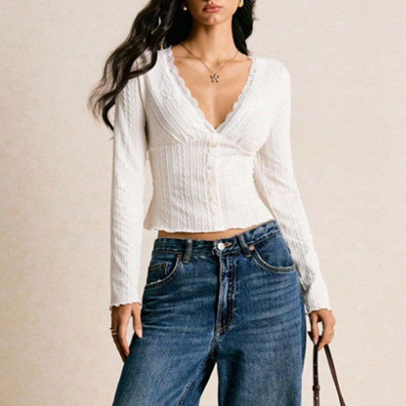 Elegant V-Neck Lace Long Sleeve Pullover Blouse DP26H829