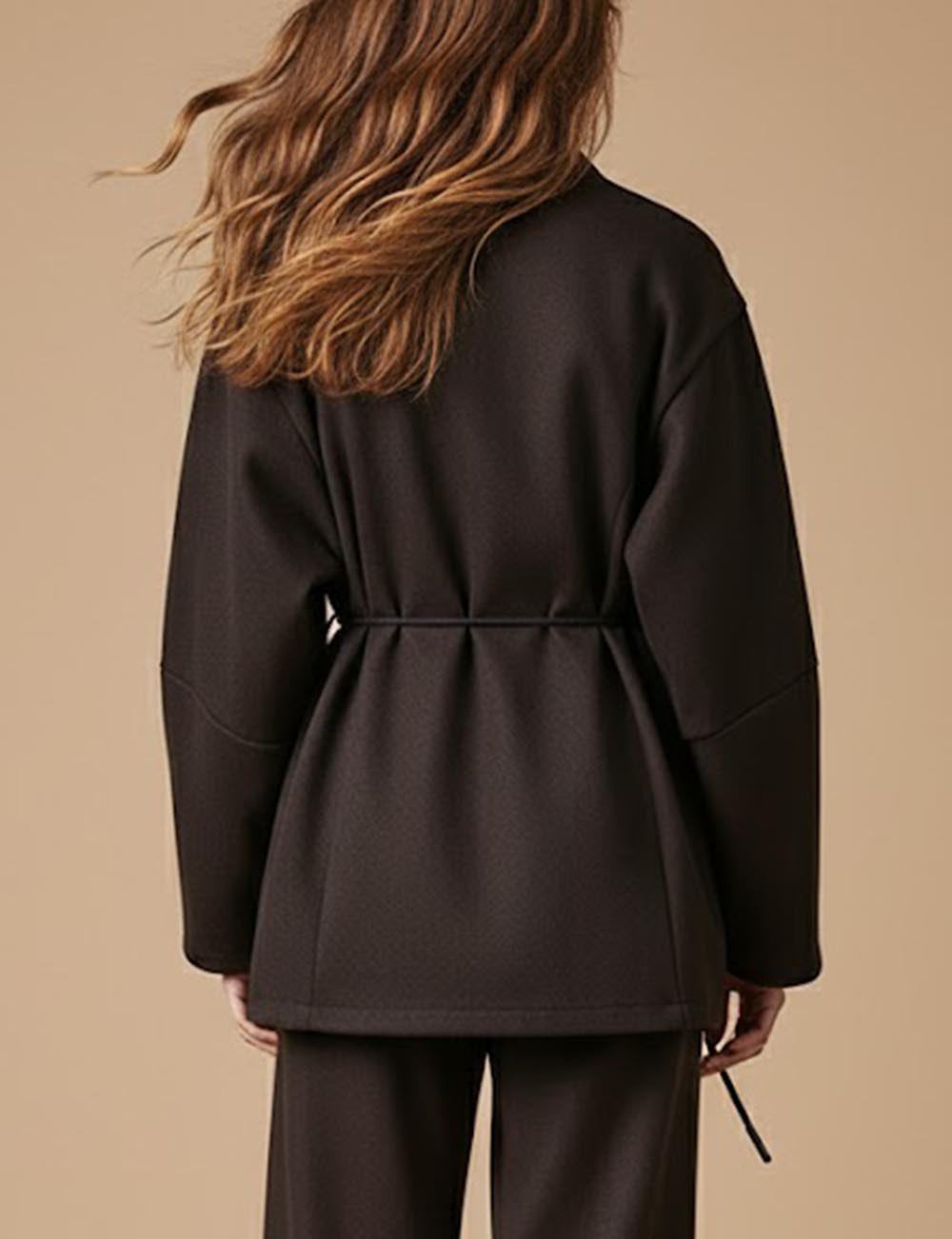 Brown V-Neck Shell Waist Tie Loose Jacket DP25G804